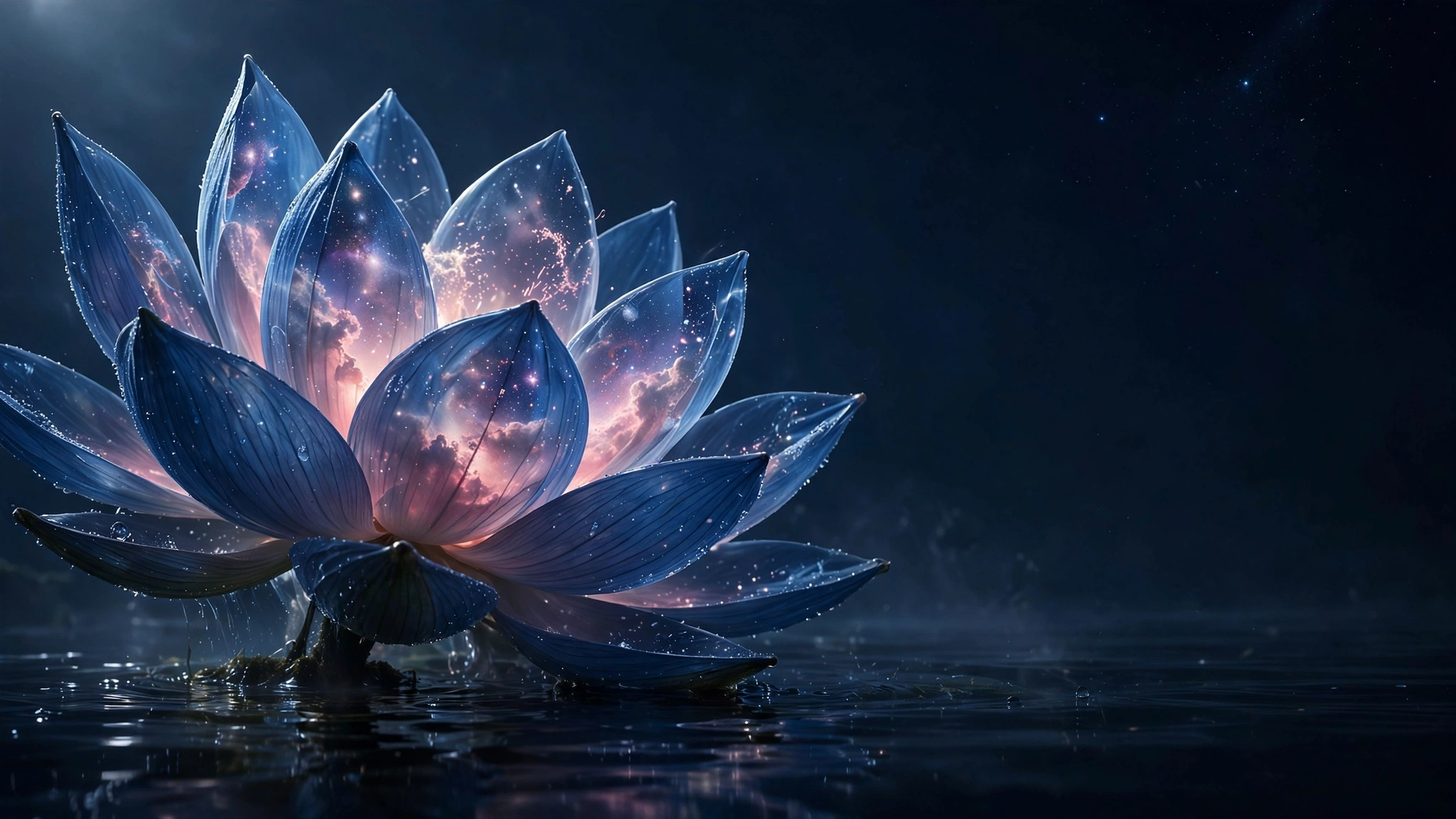 A blue lotus blooming inside a star-filled galaxy