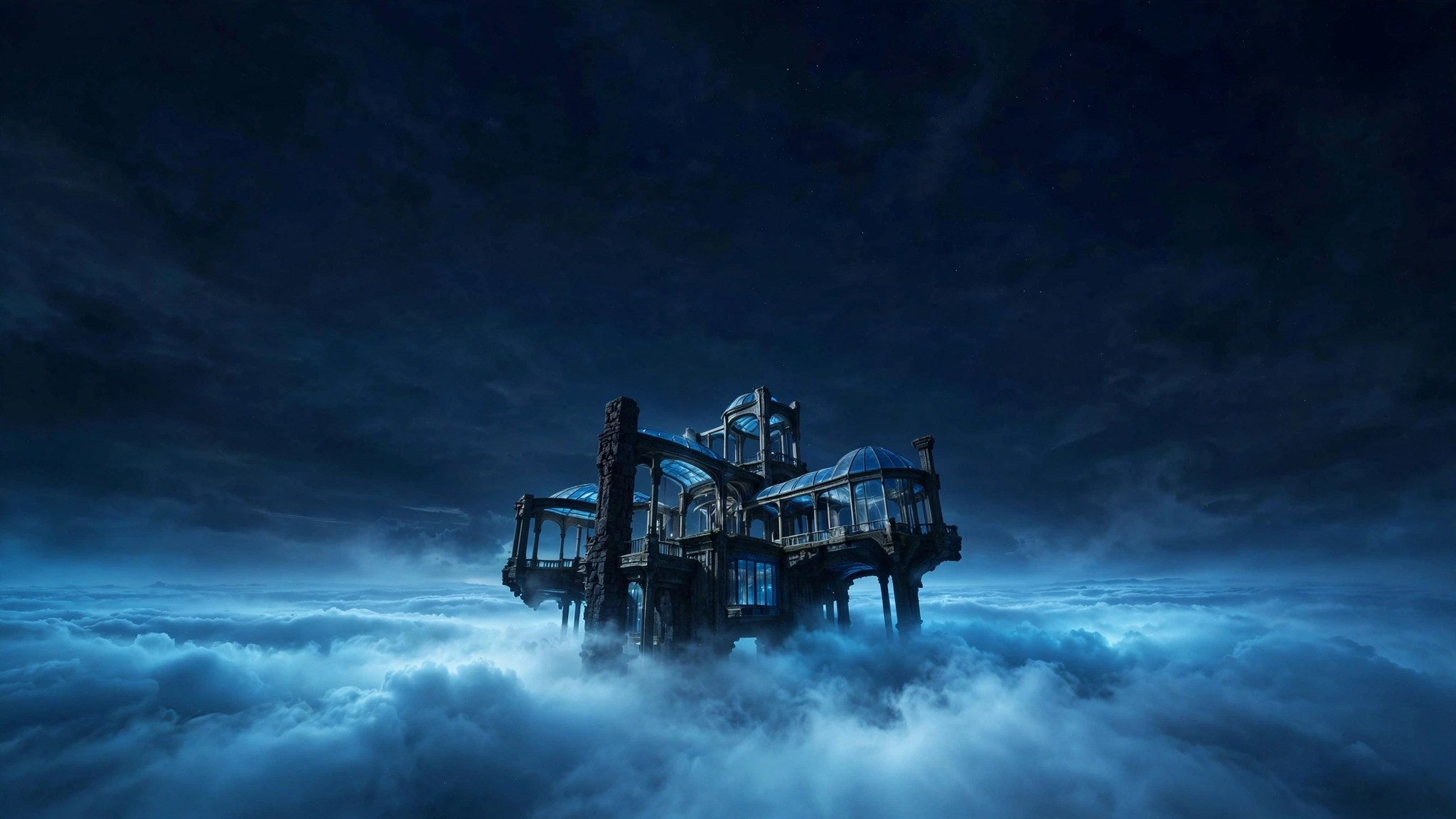 A floating sanctuary of blue lotus light suspended in the cosmos