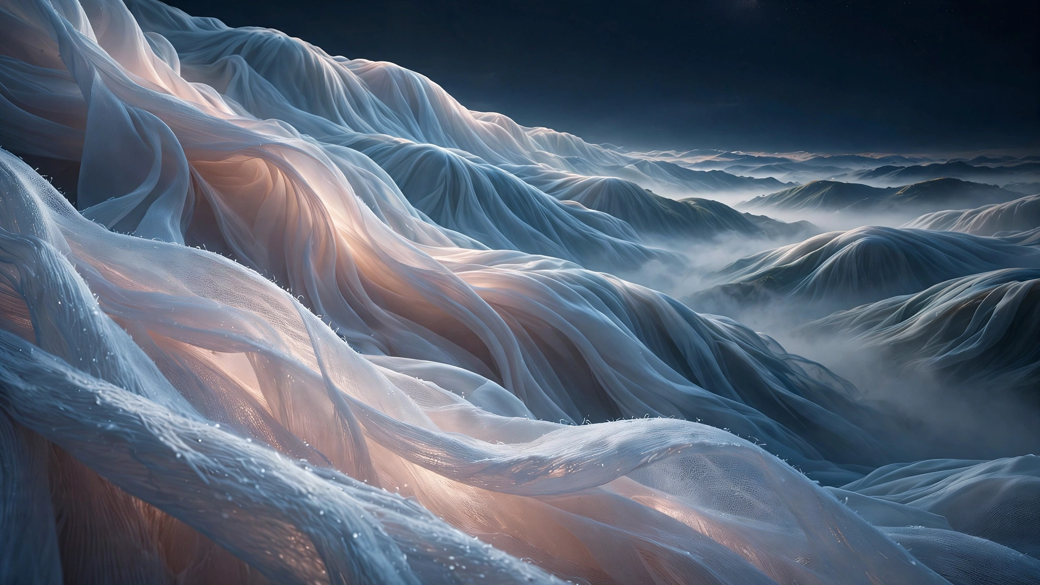 Luminous silk drifting upward through deep blue light