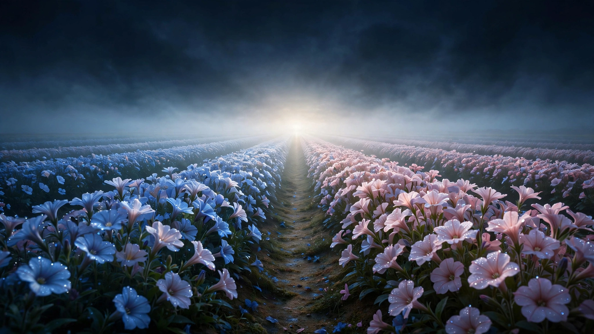 An infinite bloom of blue lotus flowers opening across still water under soft moonlight