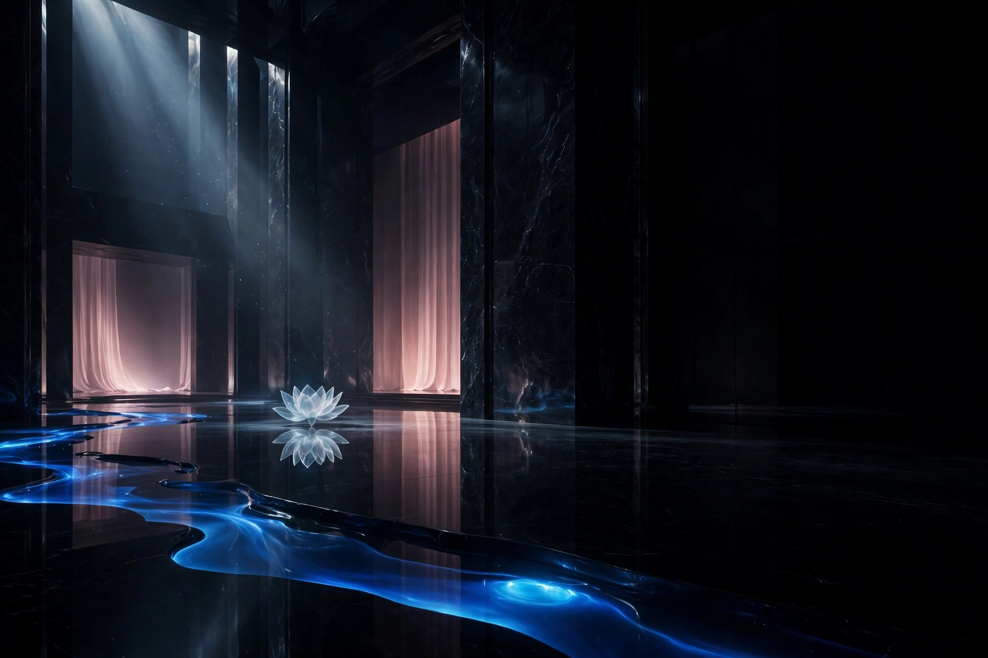 A quiet study of open books and lotus petals in blue light