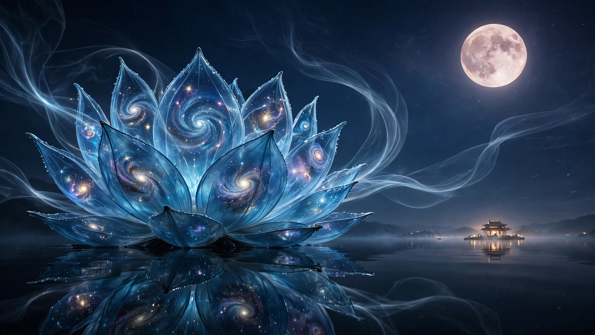 A colossal galaxy-petal blue lotus rising under a blush moon, moonlight ribbons crossing a starry indigo sky