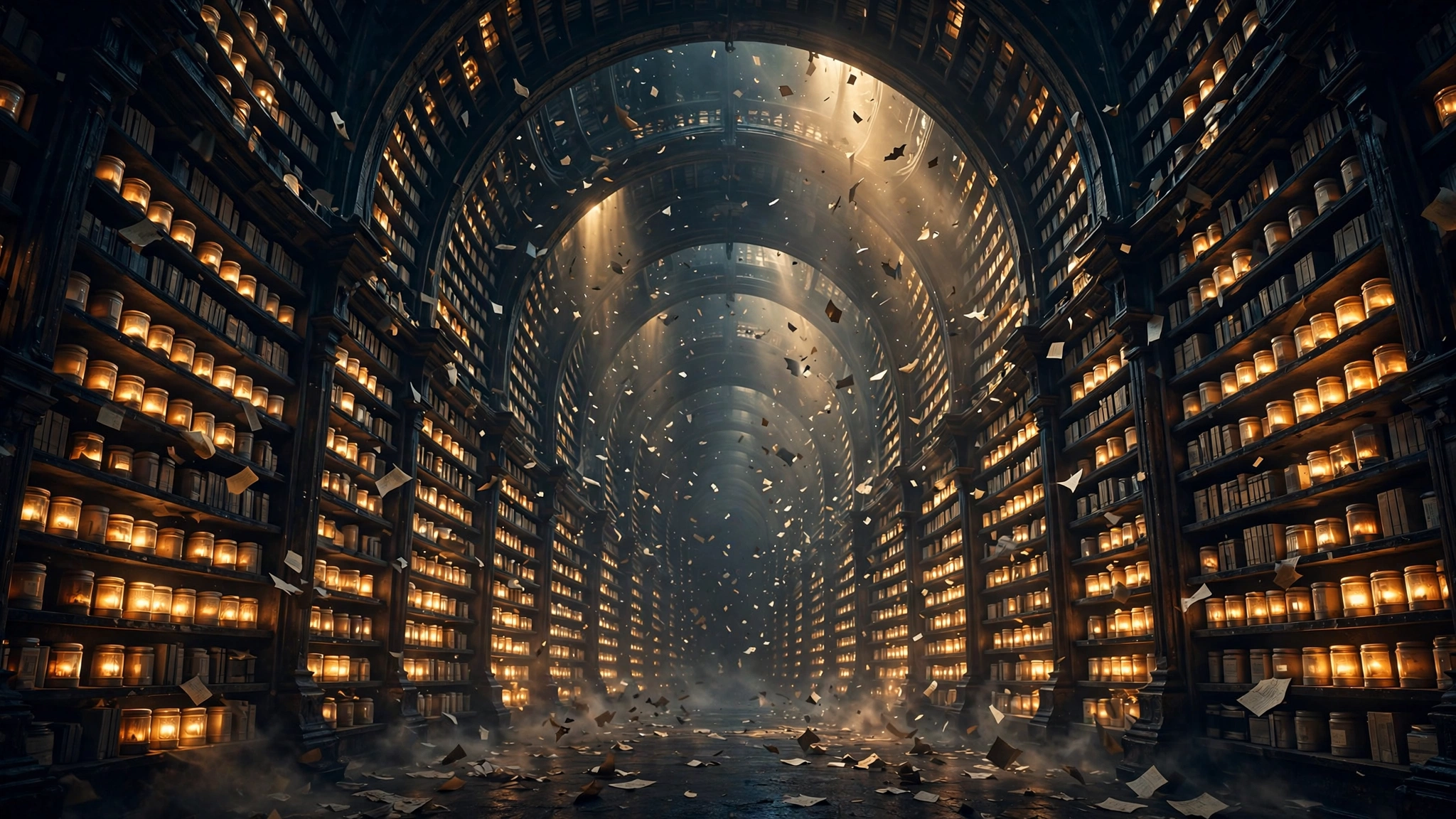 The archive — shelves of golden memory stretching into the dark