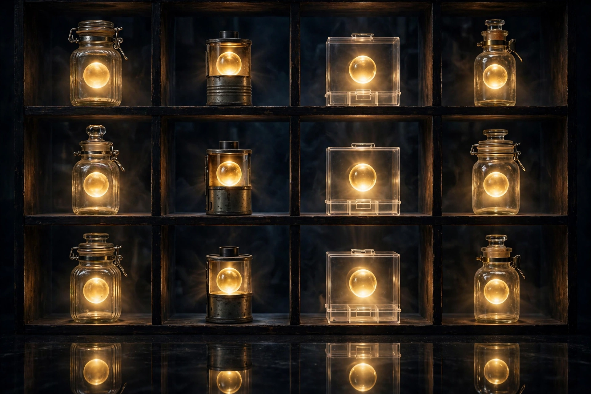 Strict symmetrical grid of antique jars, canisters and specimen boxes, each holding a suspended orb of golden light