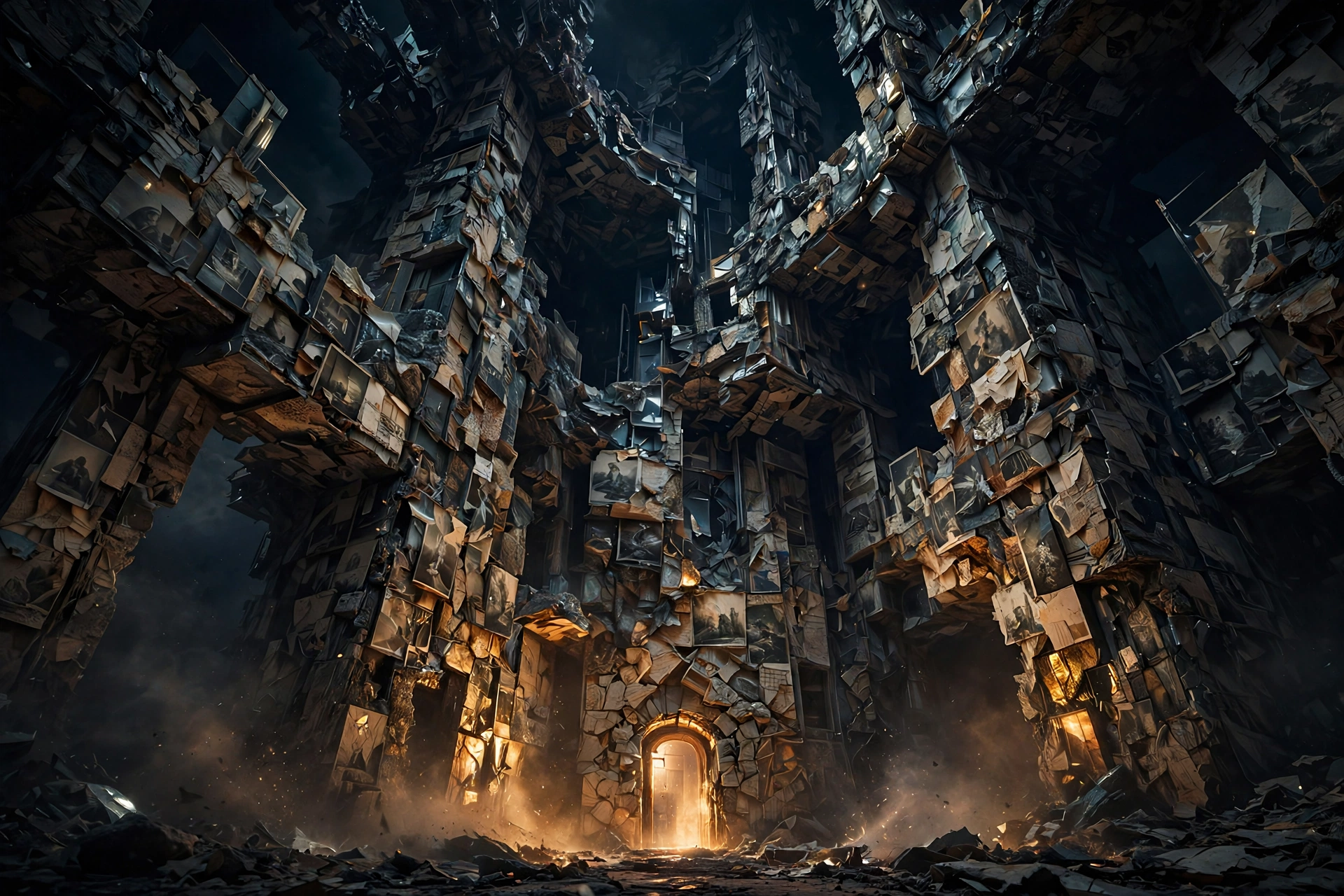 Memory Architecture — a vast impossible building whose walls are mosaics of fused memory fragments, one small lit doorway glowing
