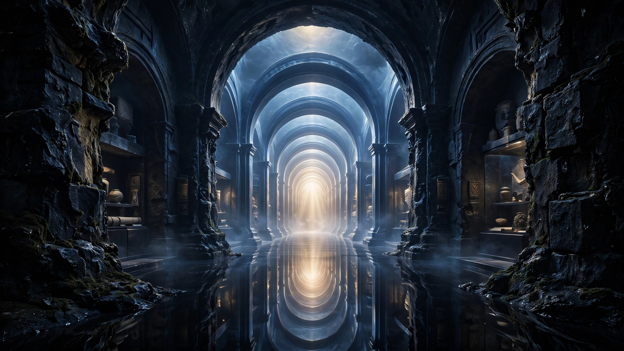 A golden timeline arching through dark archives of memory