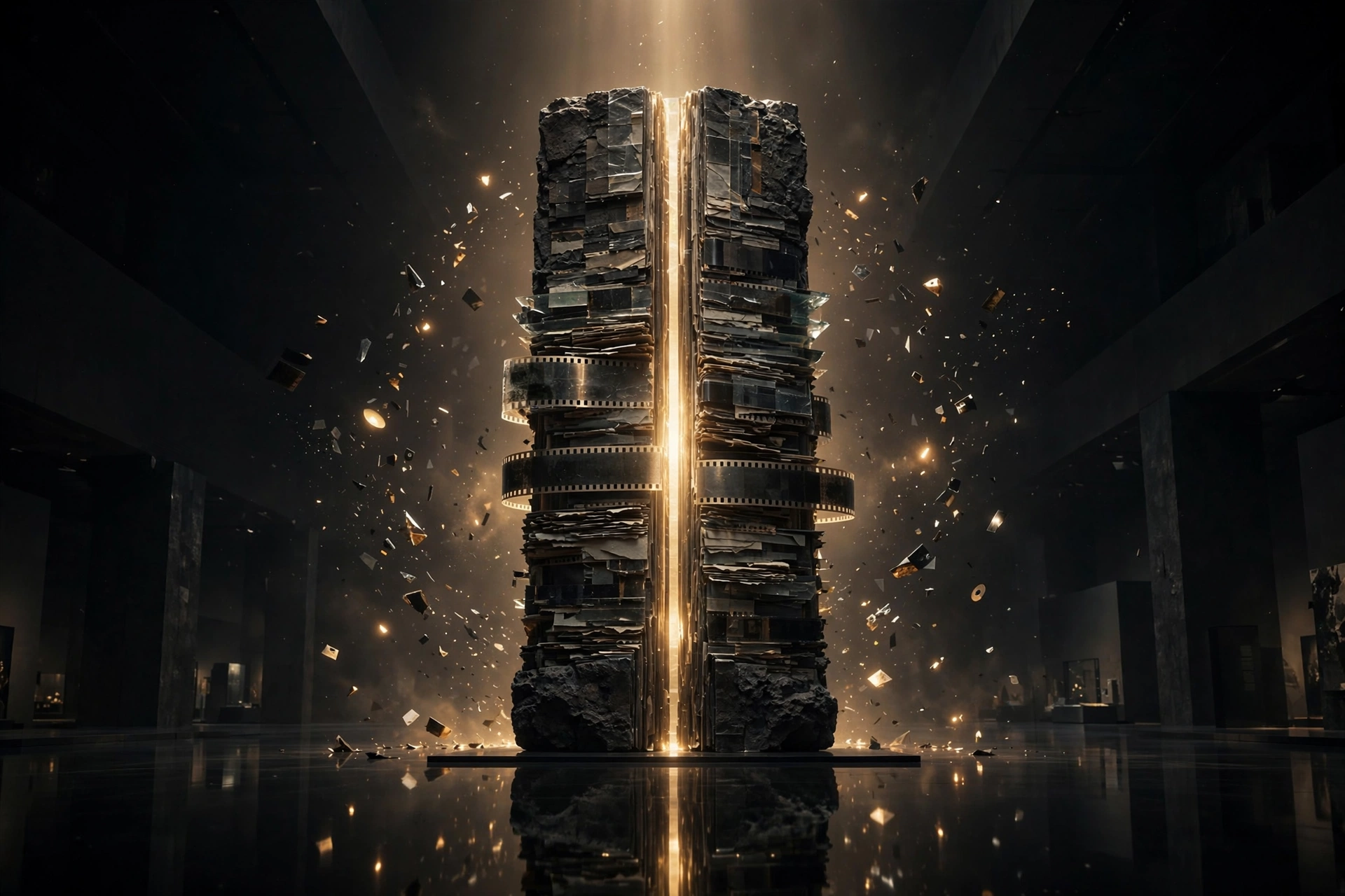 Signature DOC — a monumental archival monolith split by a vertical beam of gold light above a black mirror floor