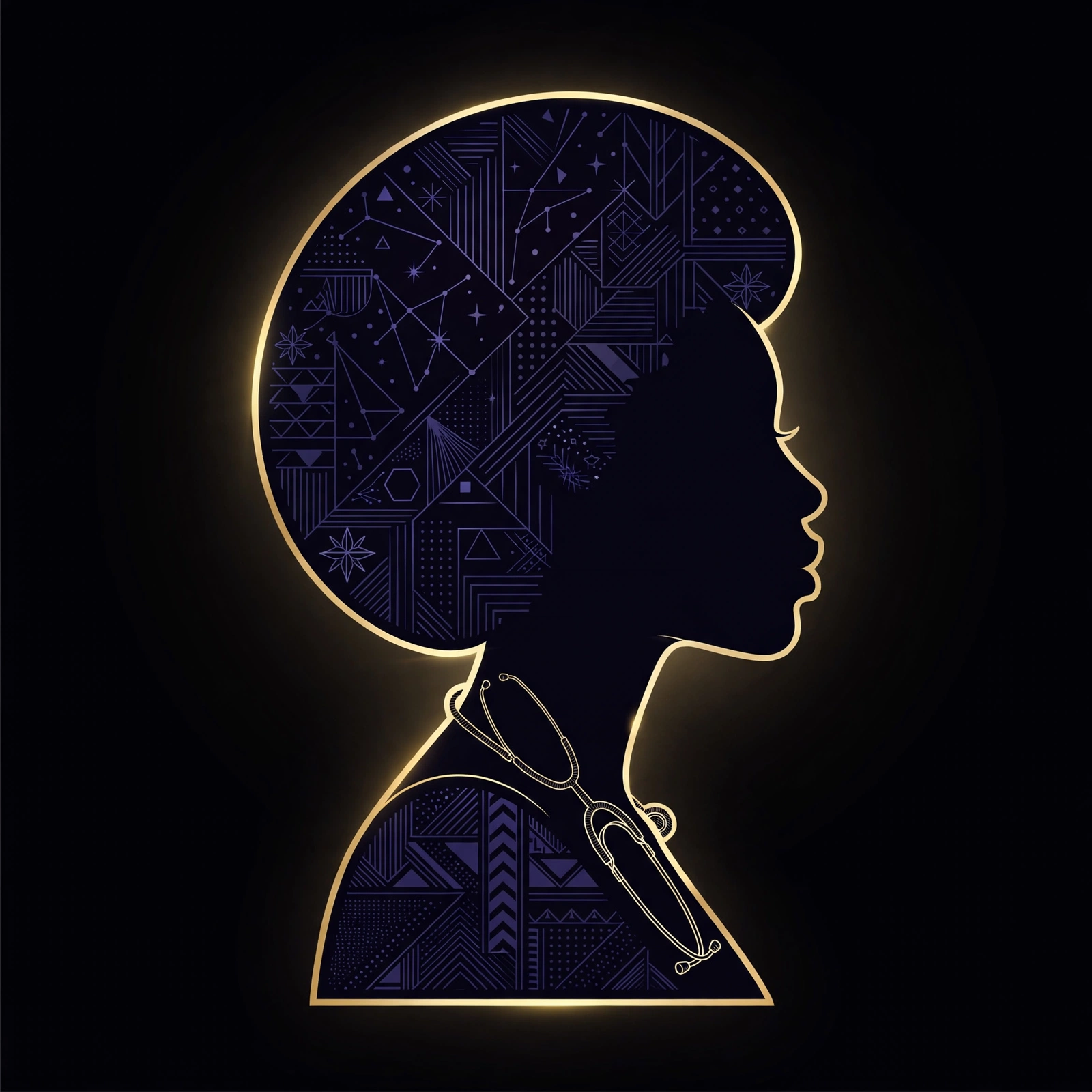 Dignified symbolic Black-woman profile in gold outline with ancestral geometry