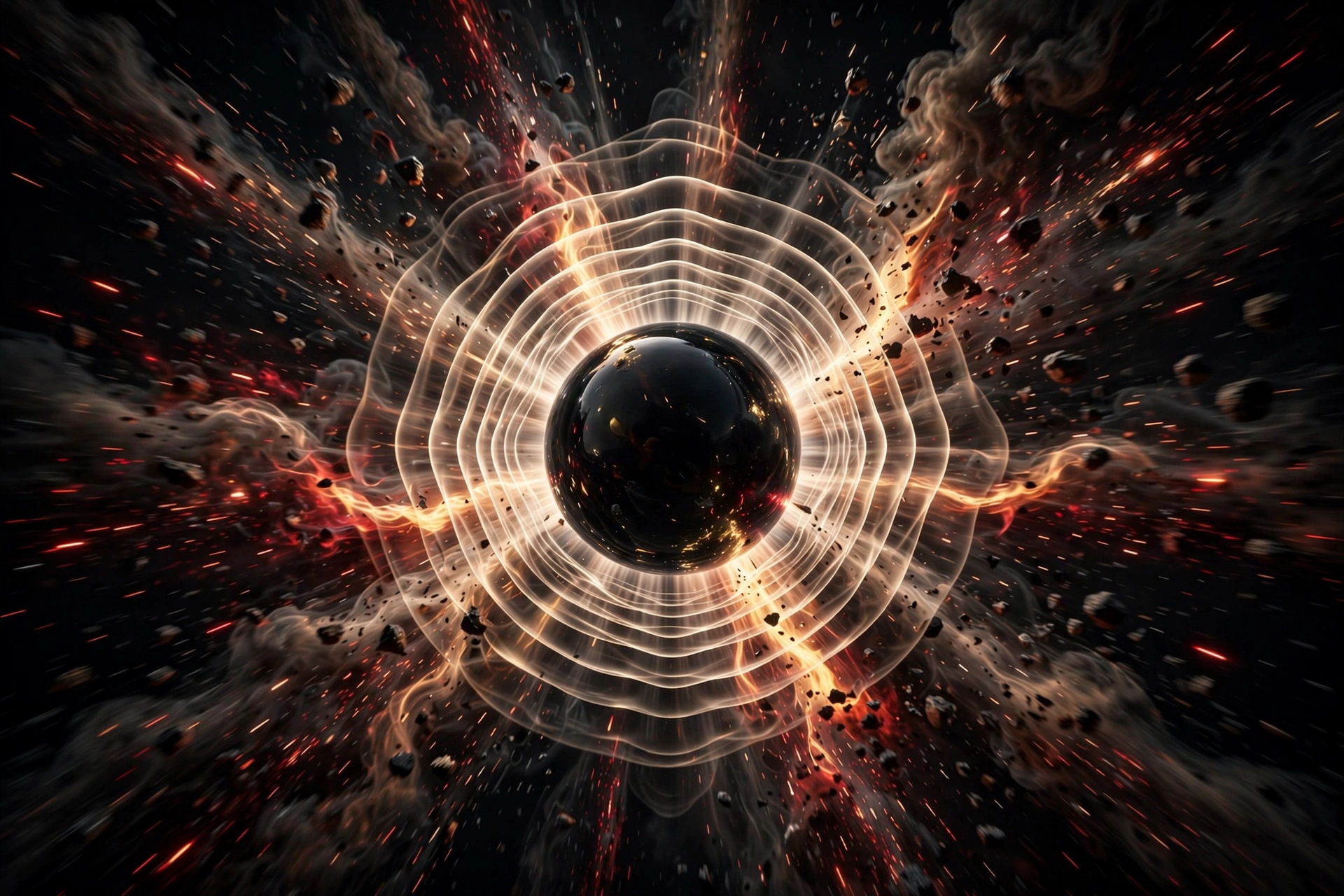 A reverse explosion — fragments of light gathering back into a single point
