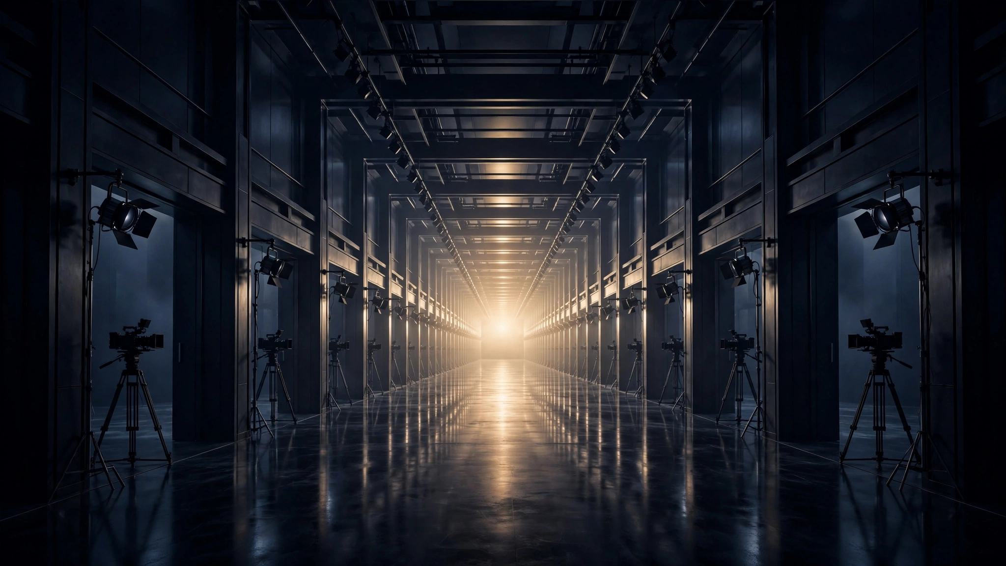 An infinite film studio stretching beyond the horizon in gold and indigo