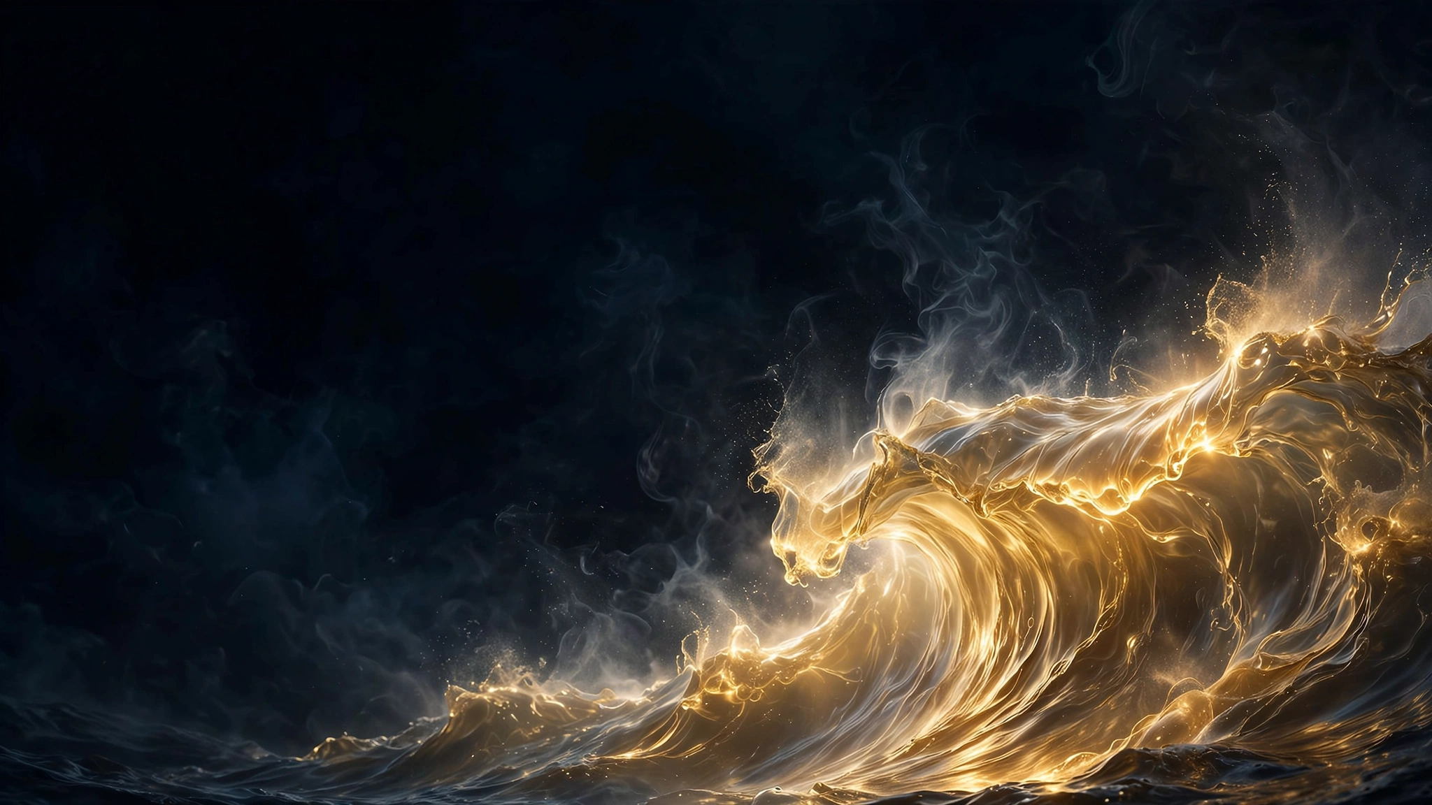 A golden frequency wave rising through an indigo night sky