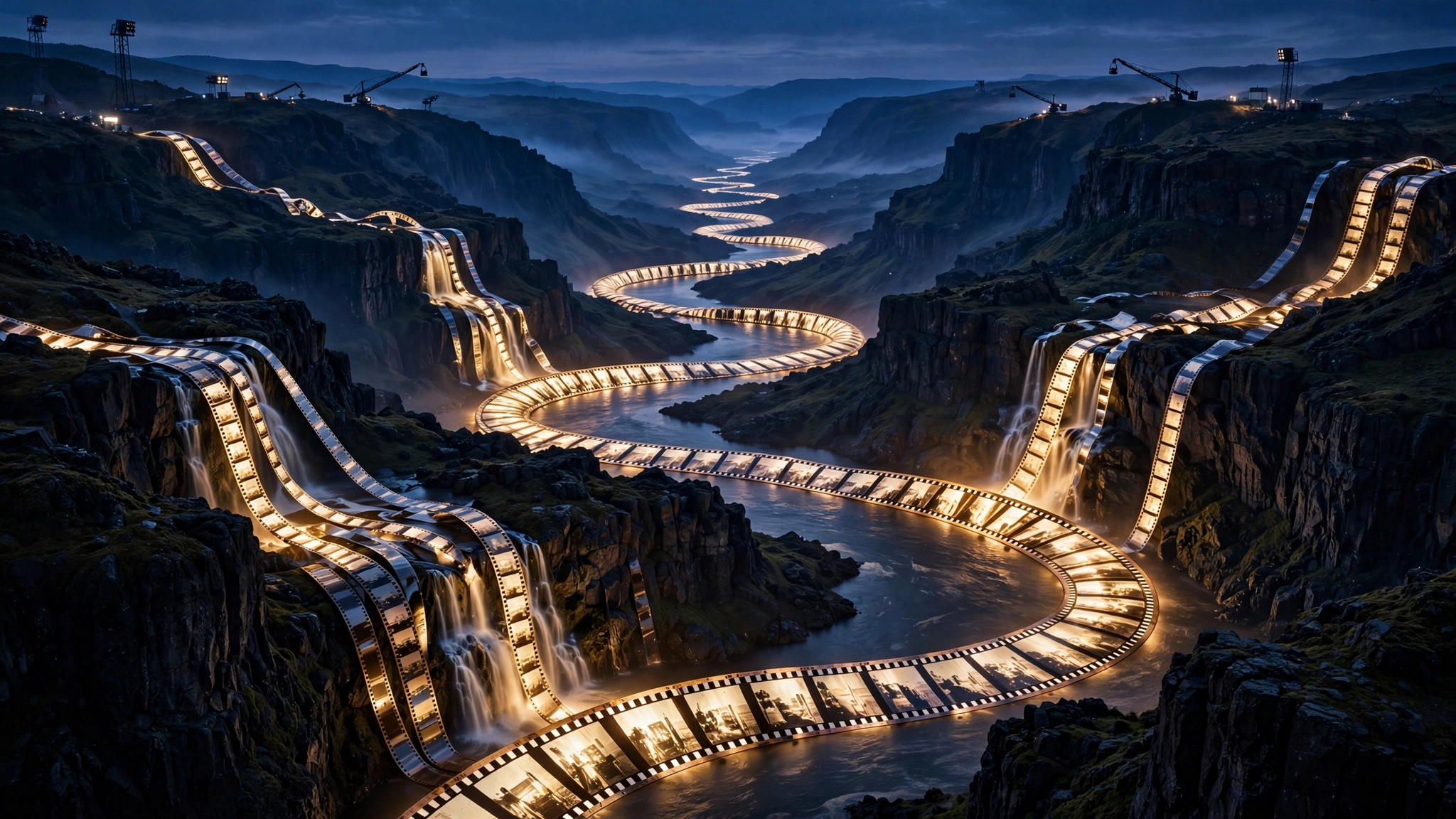 A river of golden film strips flowing across an obsidian landscape