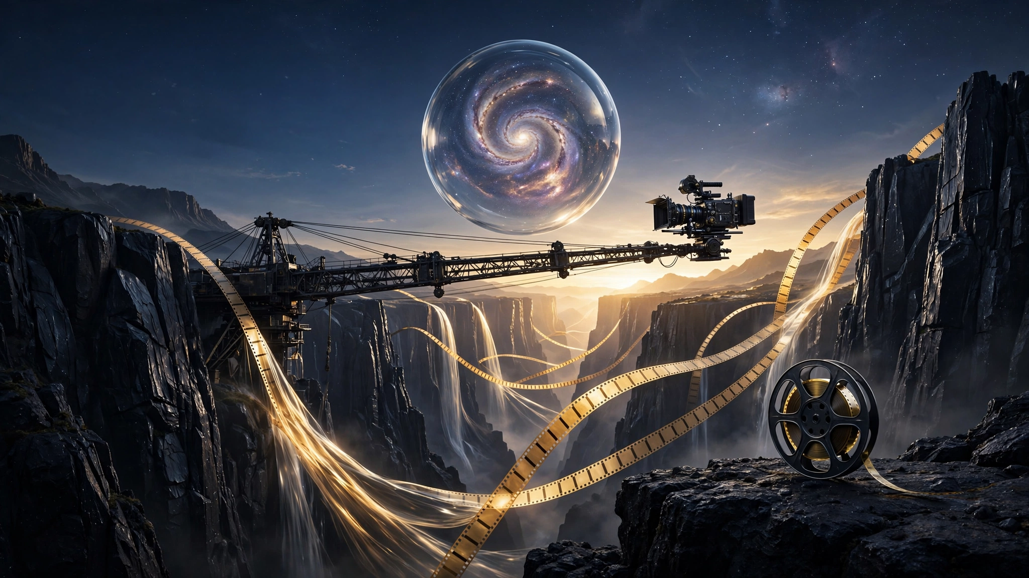 A crane camera sweeping over an obsidian canyon in champagne gold light